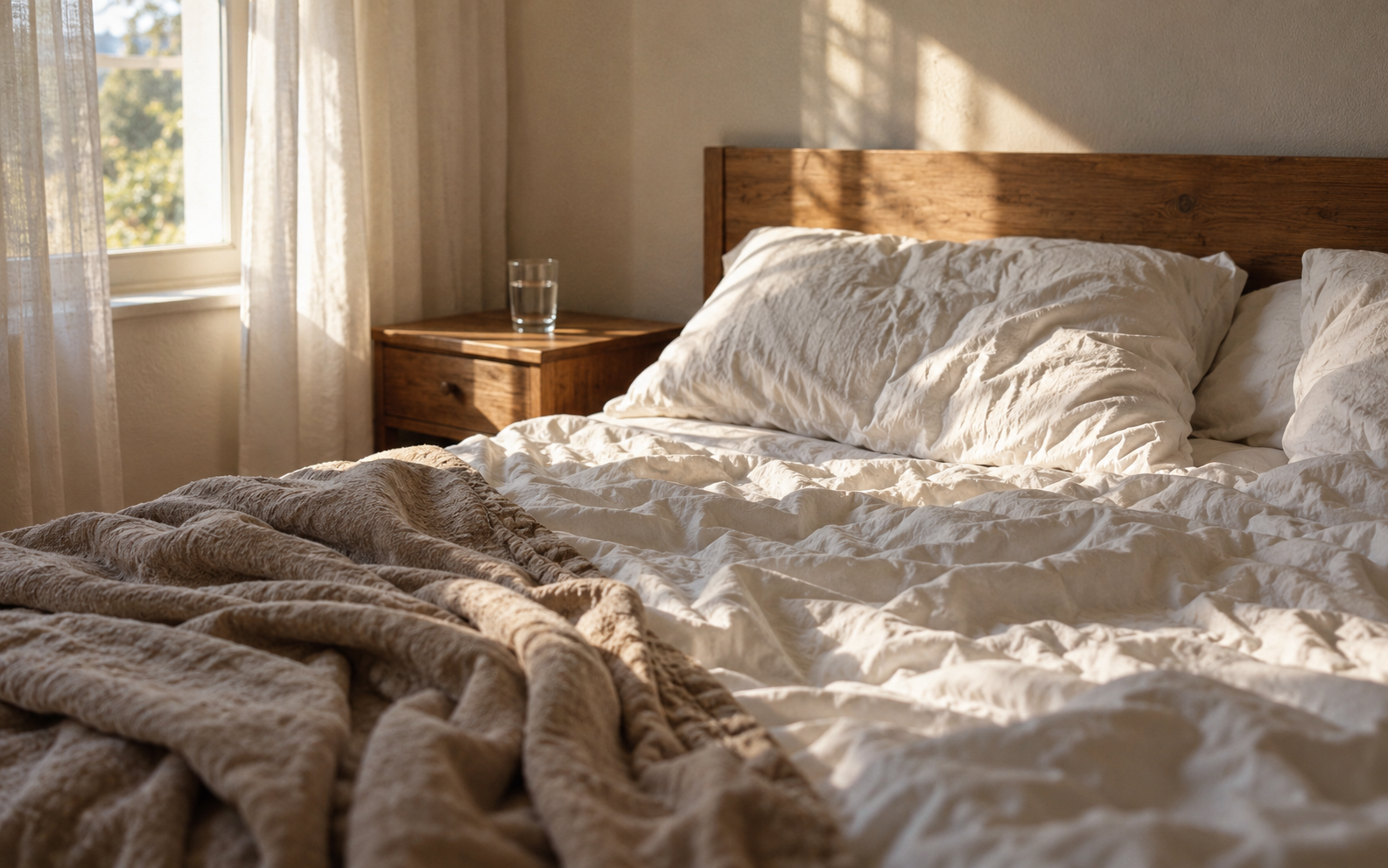 Luz de mañana entrando en un dormitorio con la cama sin hacer